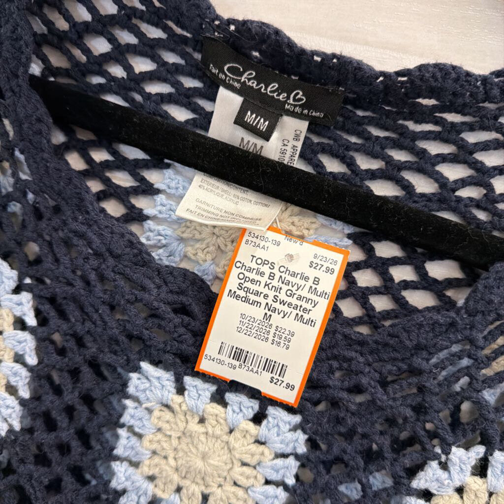 Charlie B Navy/ Multi Open Knit Granny Square Sweater Medium
