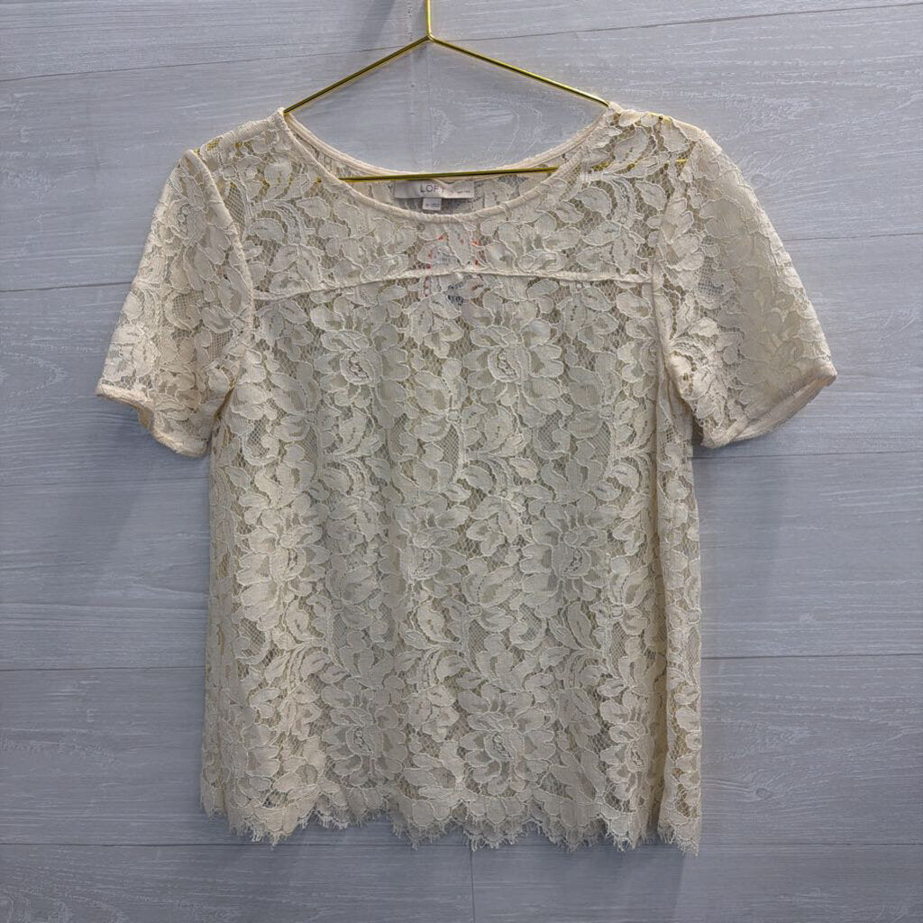 Loft Cream Lace Short Sleeve Top Small Petite