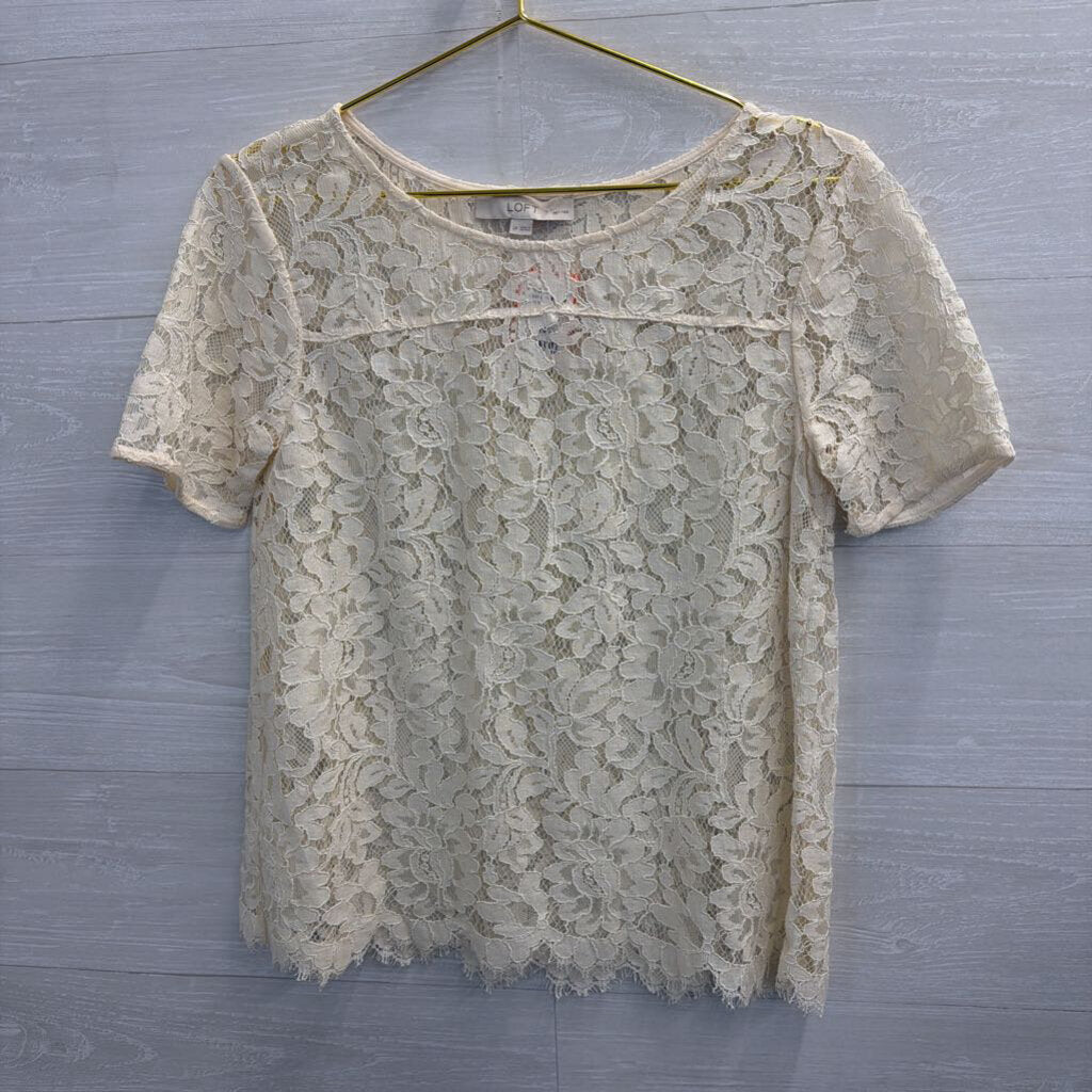 Loft Cream Lace Short Sleeve Top Small Petite