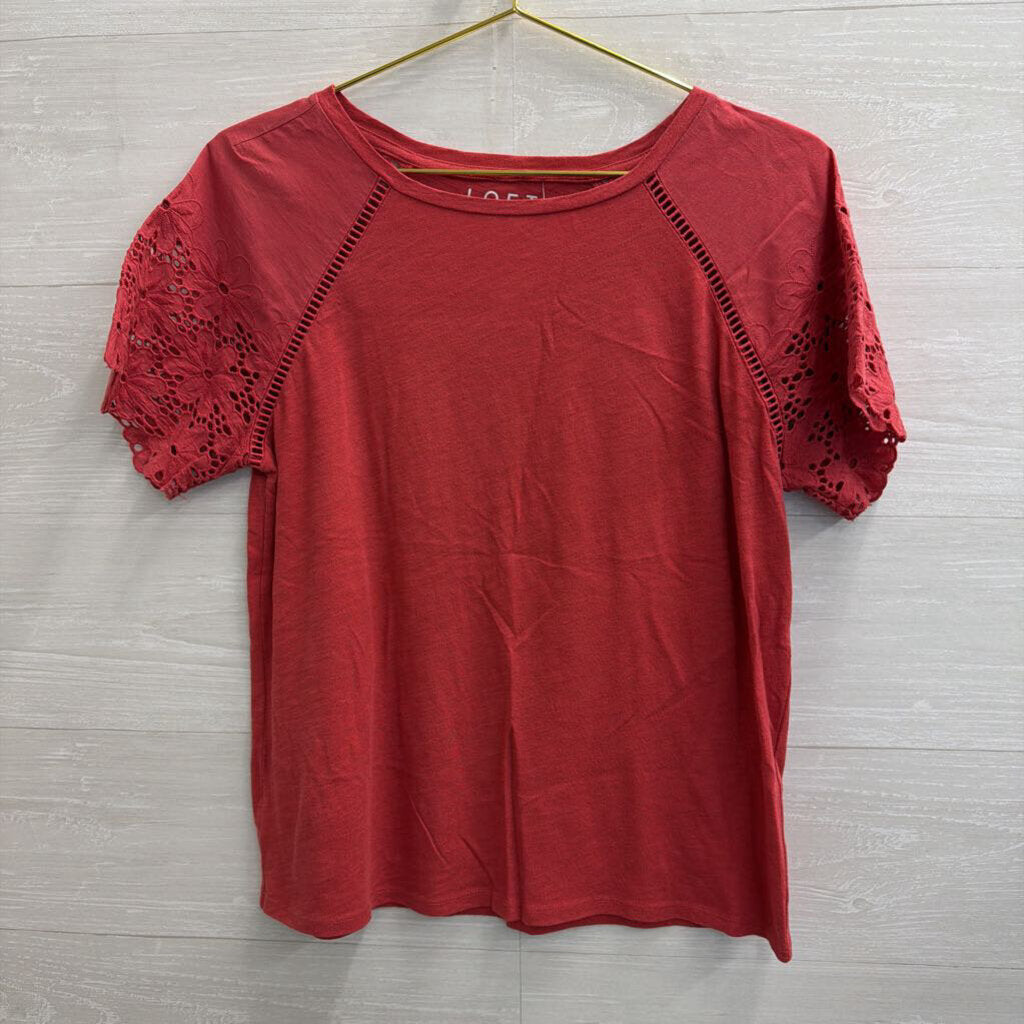 Loft Red Lace Short Sleeve Detail Top Small Petite