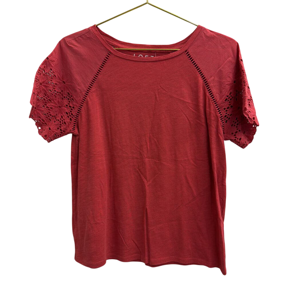 Loft Red Lace Short Sleeve Detail Top Small Petite