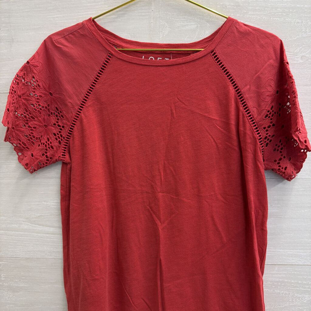 Loft Red Lace Short Sleeve Detail Top Small Petite