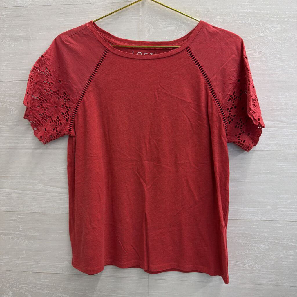 Loft Red Lace Short Sleeve Detail Top Small Petite