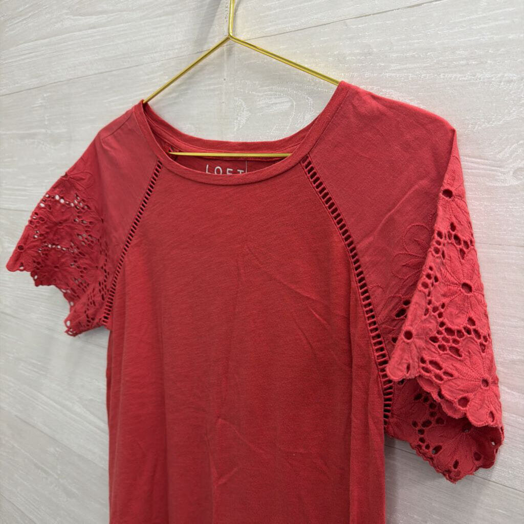 Loft Red Lace Short Sleeve Detail Top Small Petite