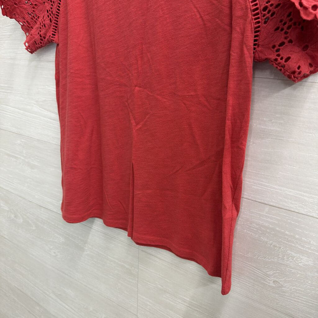 Loft Red Lace Short Sleeve Detail Top Small Petite