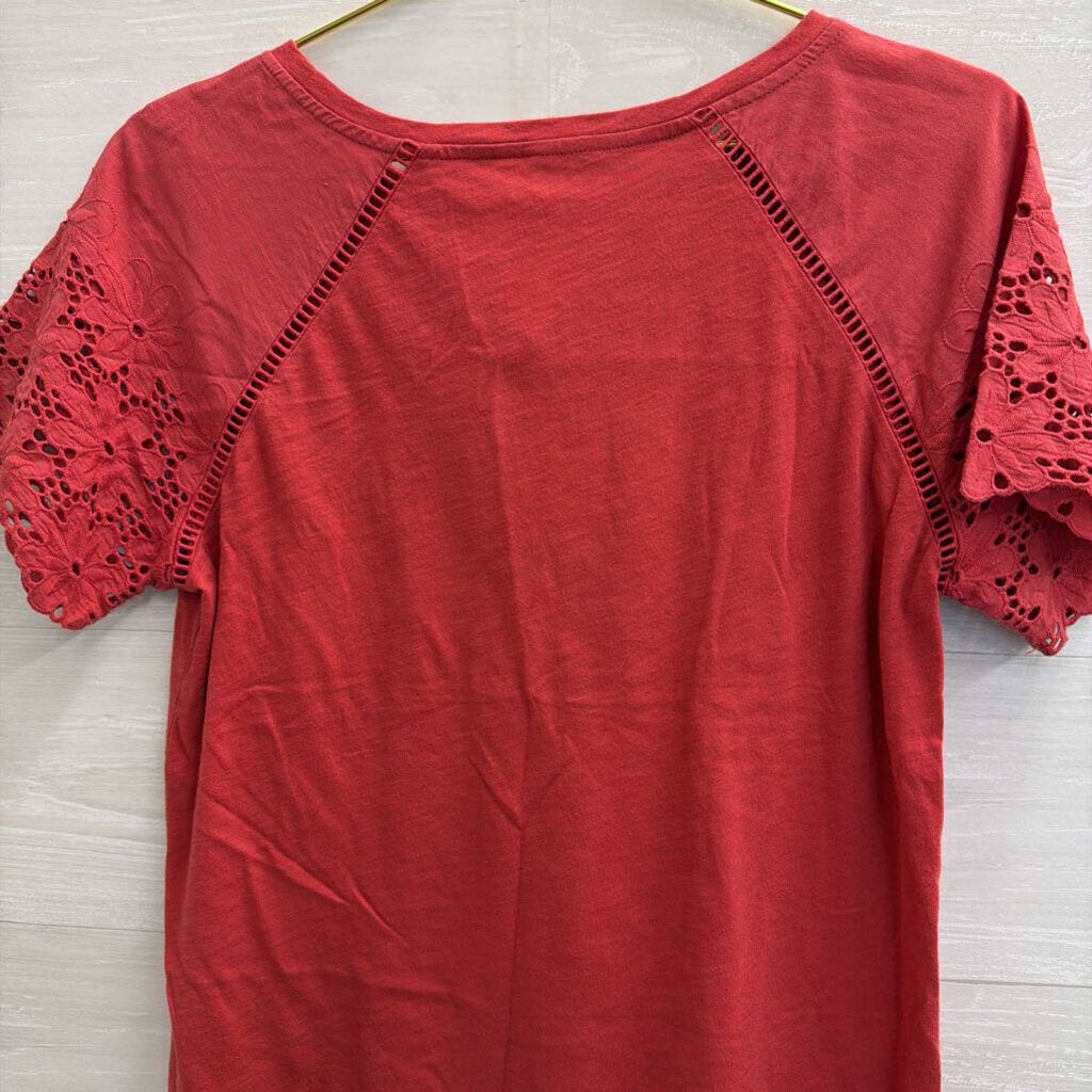 Loft Red Lace Short Sleeve Detail Top Small Petite