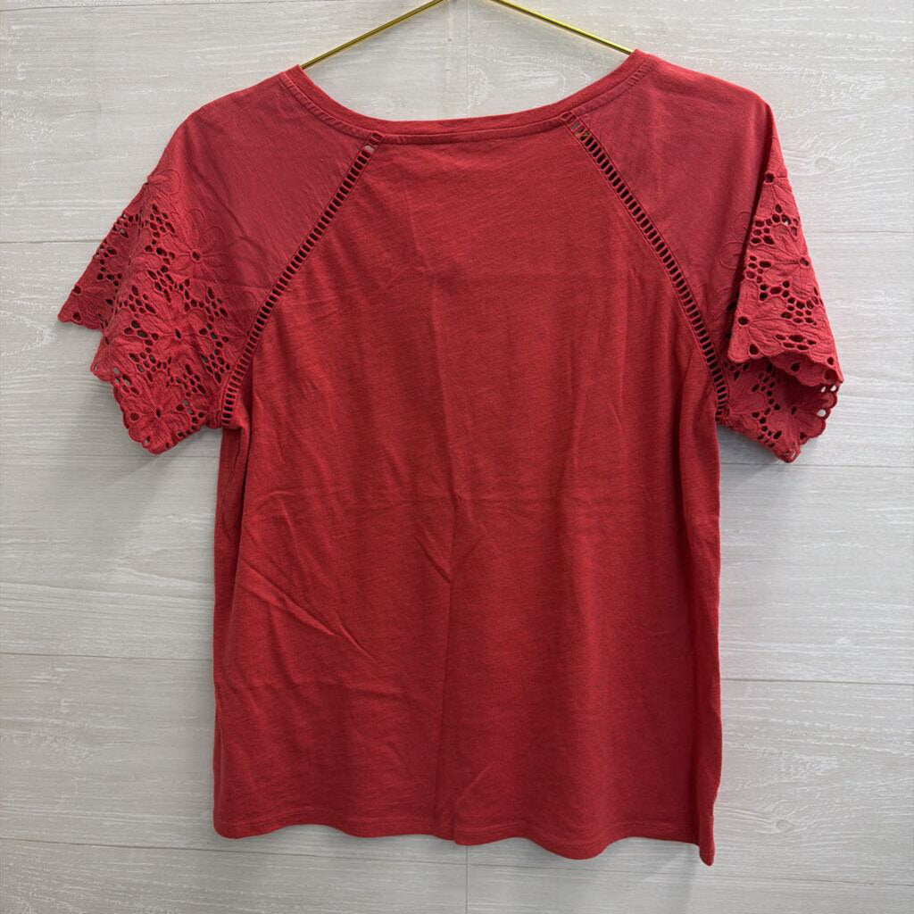 Loft Red Lace Short Sleeve Detail Top Small Petite