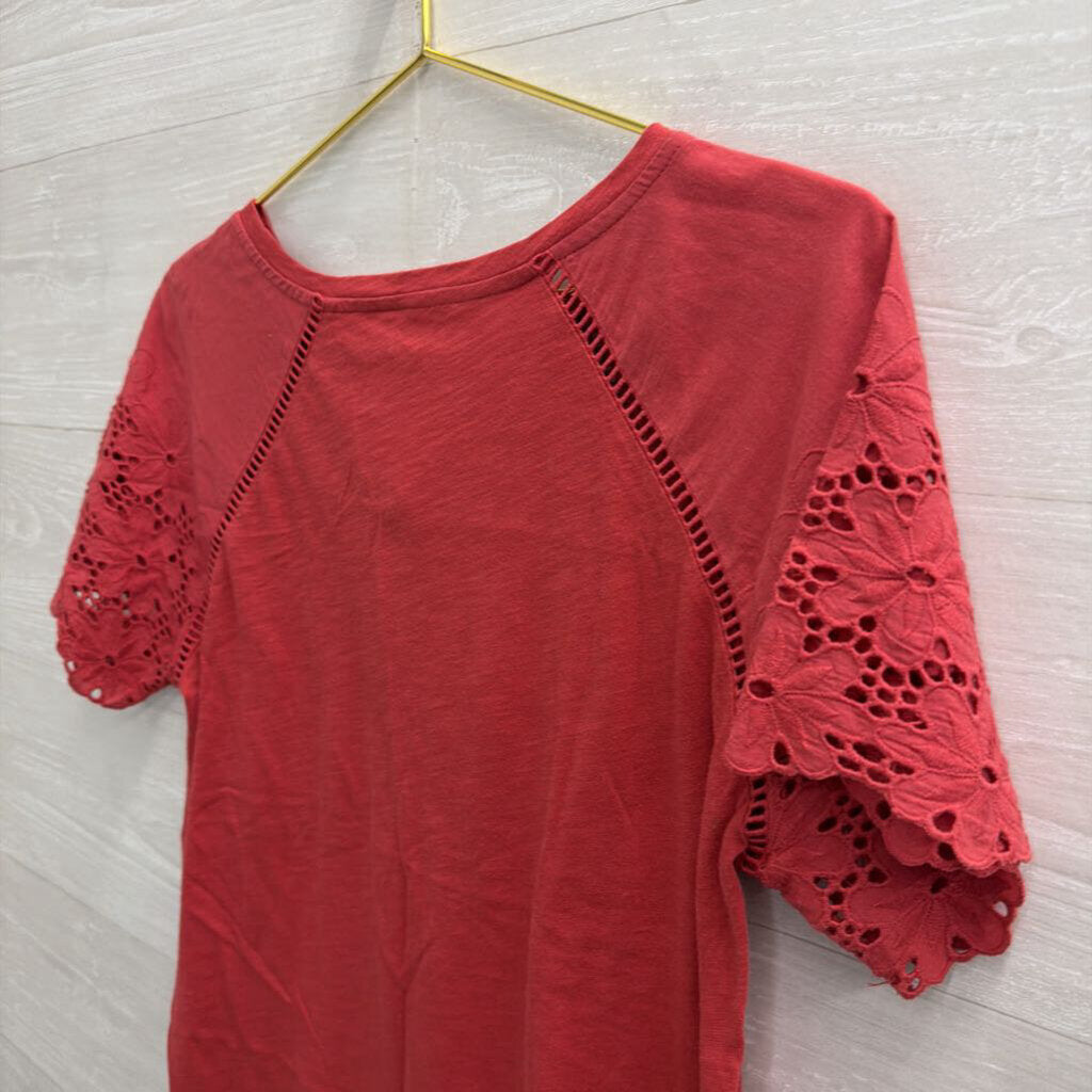 Loft Red Lace Short Sleeve Detail Top Small Petite