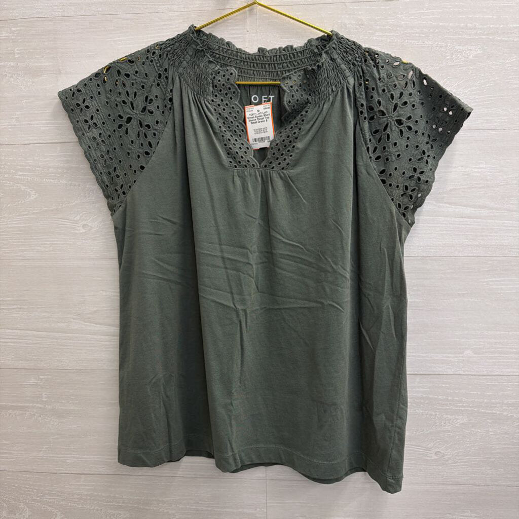Loft Green Eyelet Short Sleeve Detail Top Small