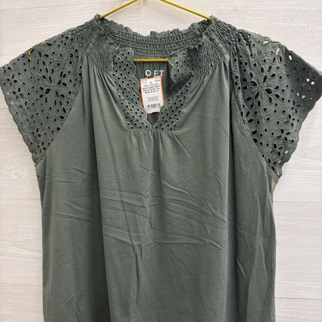 Loft Green Eyelet Short Sleeve Detail Top Small