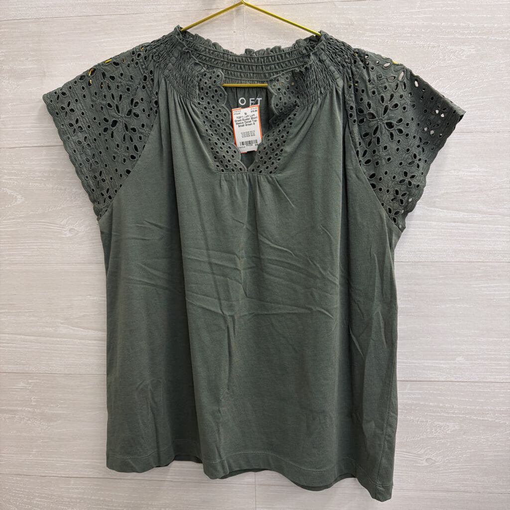 Loft Green Eyelet Short Sleeve Detail Top Small