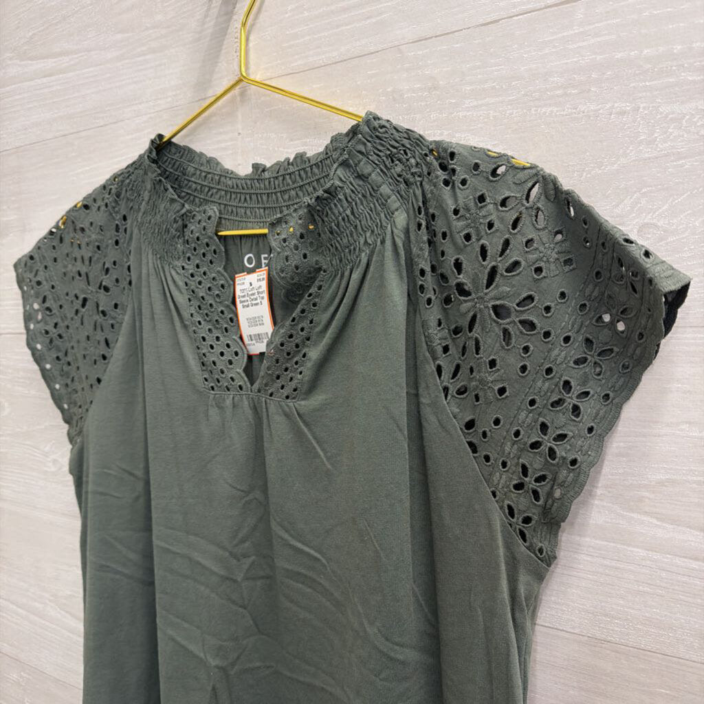Loft Green Eyelet Short Sleeve Detail Top Small