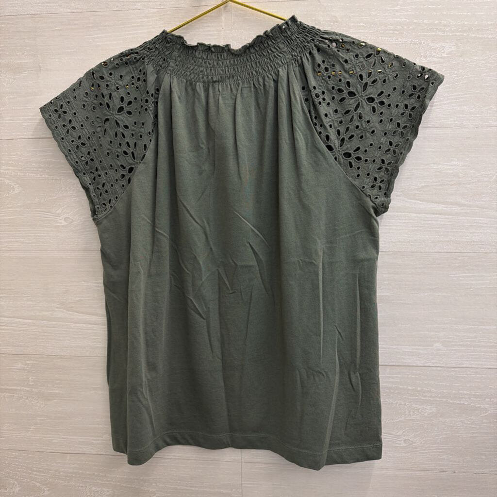 Loft Green Eyelet Short Sleeve Detail Top Small