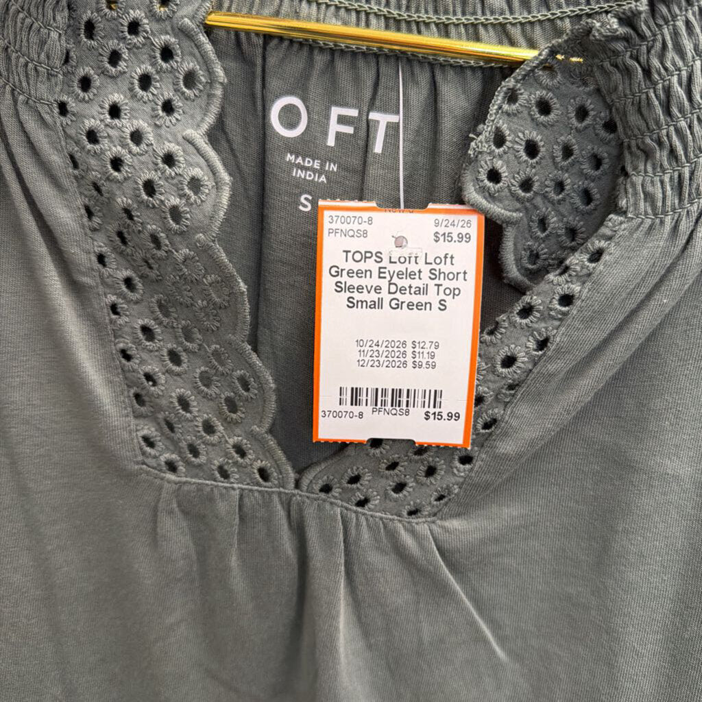 Loft Green Eyelet Short Sleeve Detail Top Small
