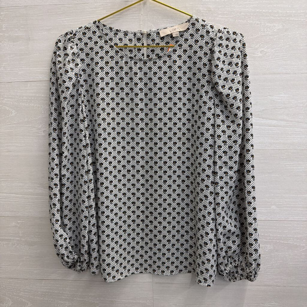 Loft White/ Navy Print Long Sleeve Top Small