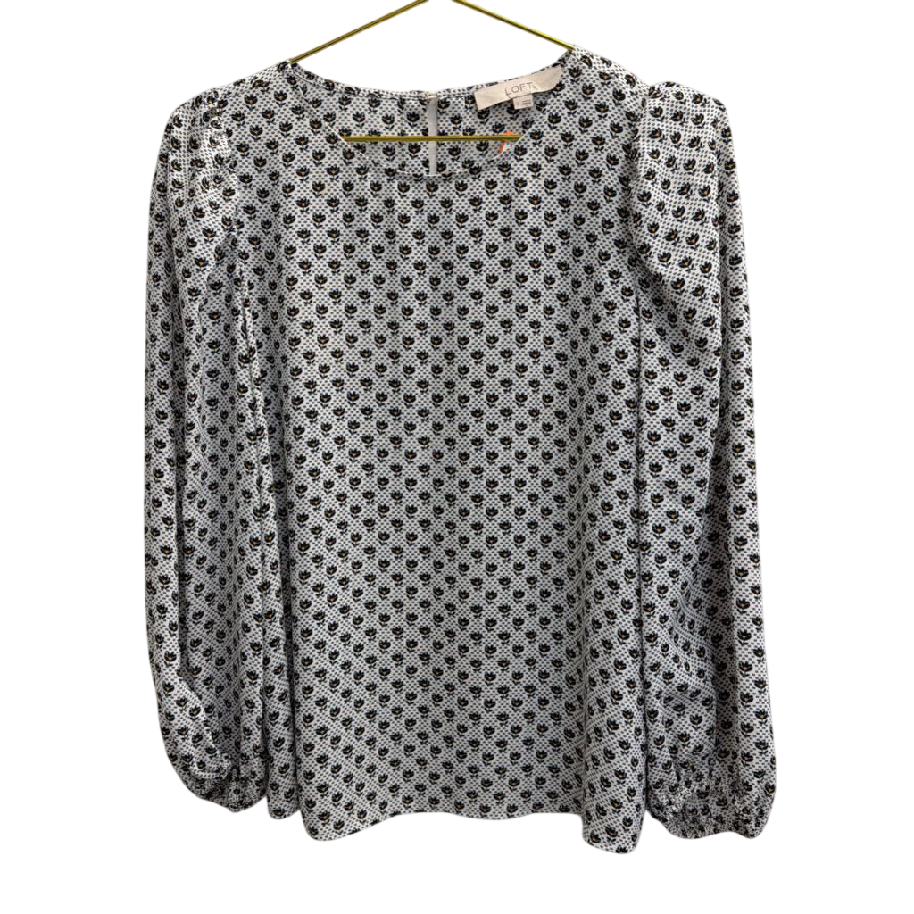 Loft White/ Navy Print Long Sleeve Top Small