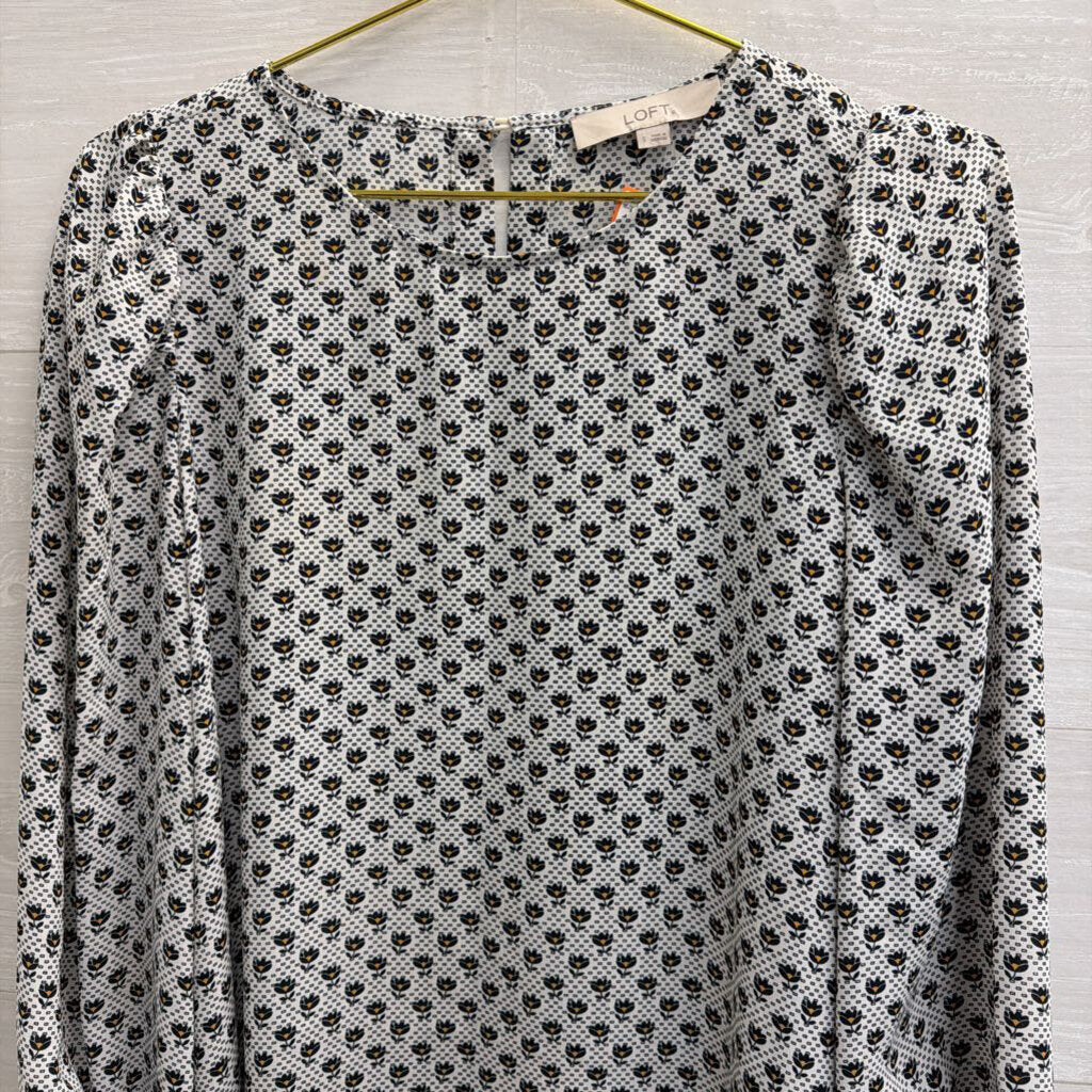 Loft White/ Navy Print Long Sleeve Top Small