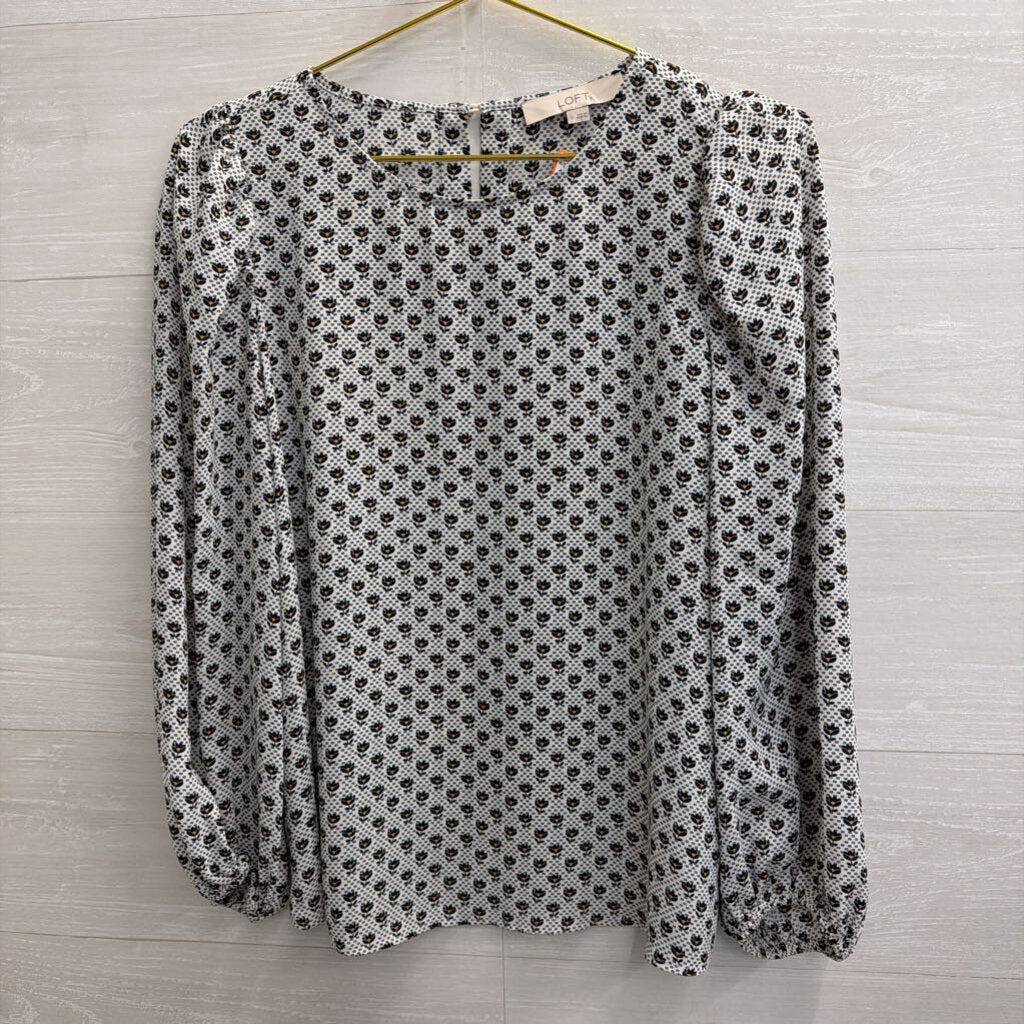 Loft White/ Navy Print Long Sleeve Top Small