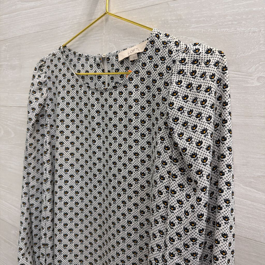 Loft White/ Navy Print Long Sleeve Top Small