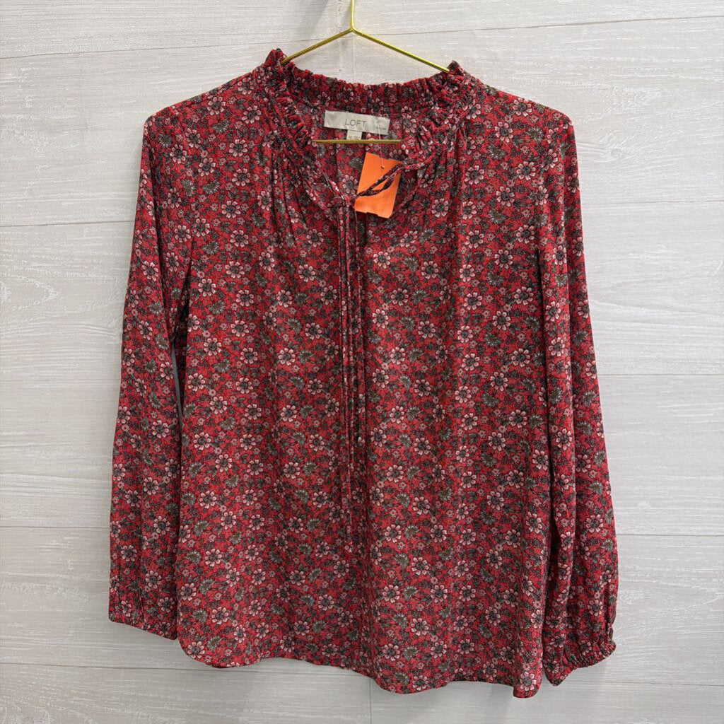 Loft Red Print Long Sleeve Top Small Petite