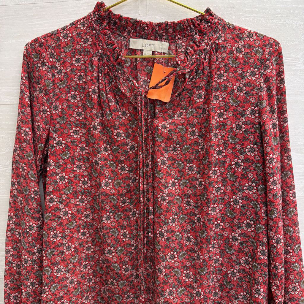 Loft Red Print Long Sleeve Top Small Petite
