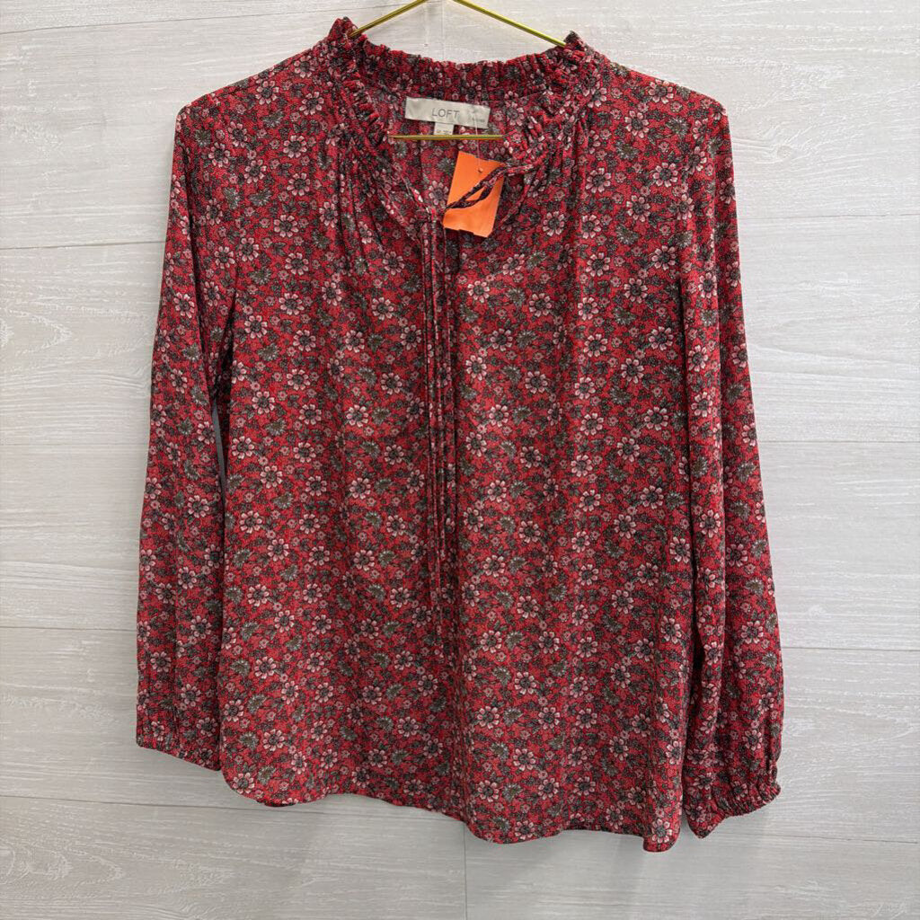 Loft Red Print Long Sleeve Top Small Petite