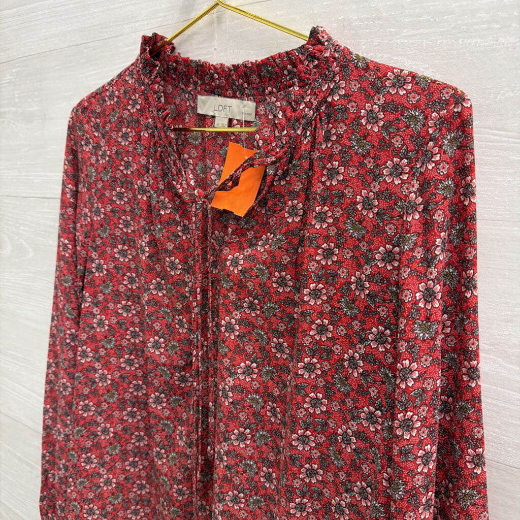 Loft Red Print Long Sleeve Top Small Petite