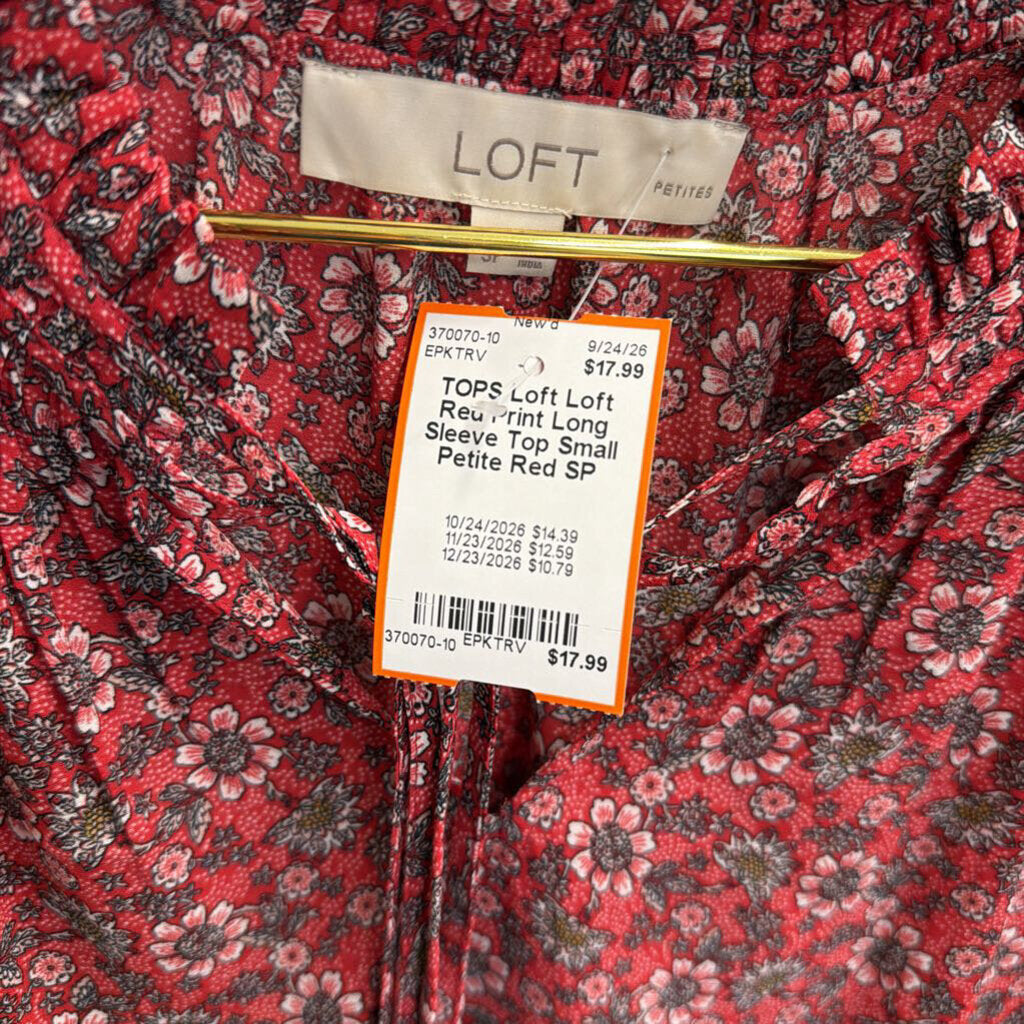 Loft Red Print Long Sleeve Top Small Petite