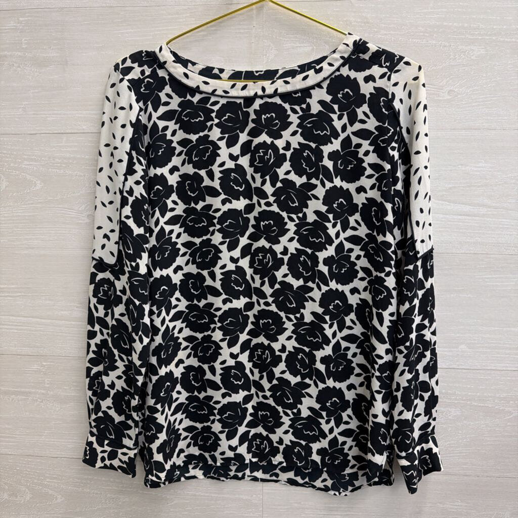 Loft White/ Black Print Long Sleeve Top Extra Small