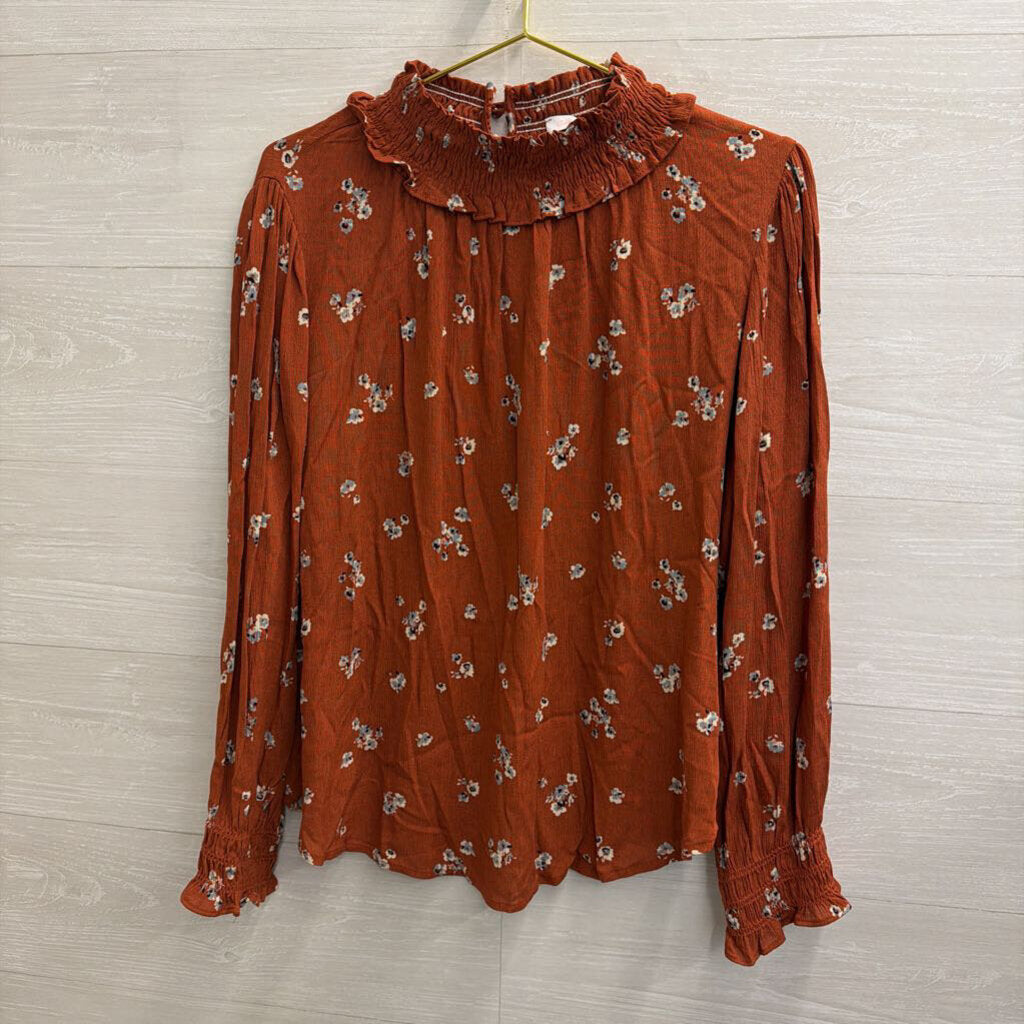 Ces Femme Orange Print Mock Neck Long Sleeve Top Small