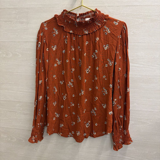 Ces Femme Orange Print Mock Neck Long Sleeve Top Small