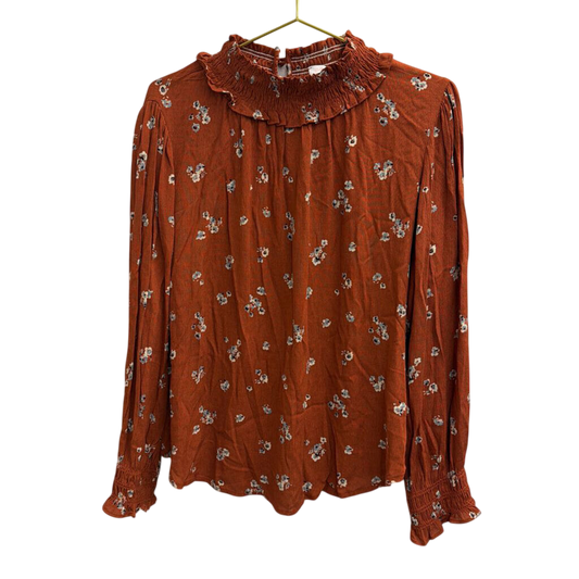 Ces Femme Orange Print Mock Neck Long Sleeve Top Small