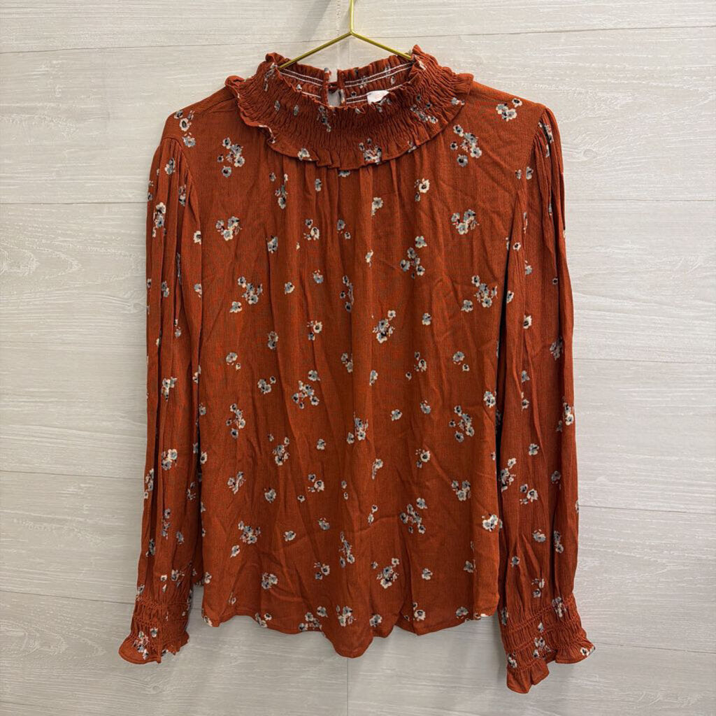 Ces Femme Orange Print Mock Neck Long Sleeve Top Small