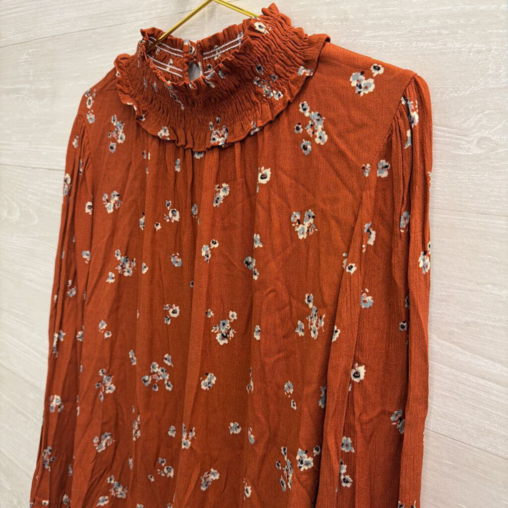 Ces Femme Orange Print Mock Neck Long Sleeve Top Small