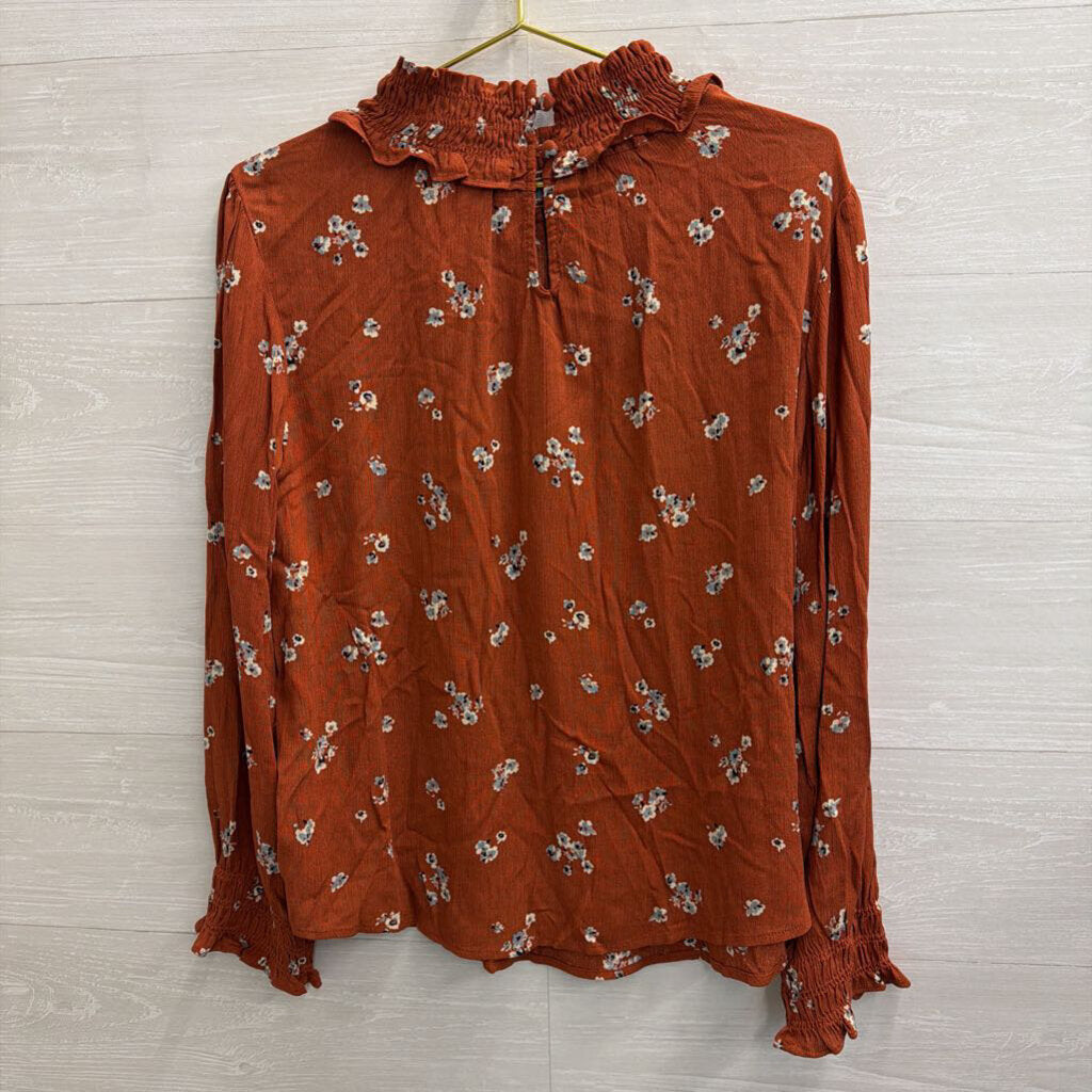 Ces Femme Orange Print Mock Neck Long Sleeve Top Small