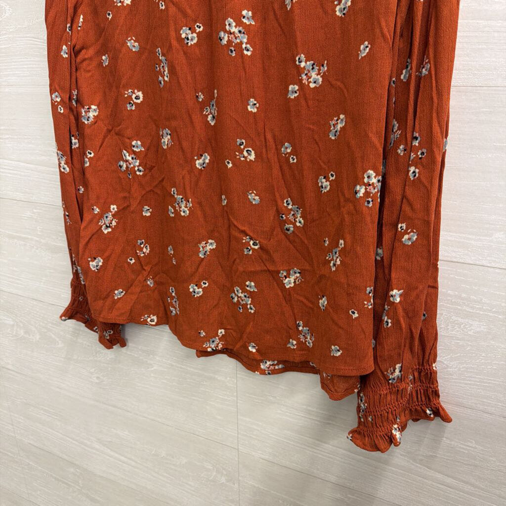 Ces Femme Orange Print Mock Neck Long Sleeve Top Small
