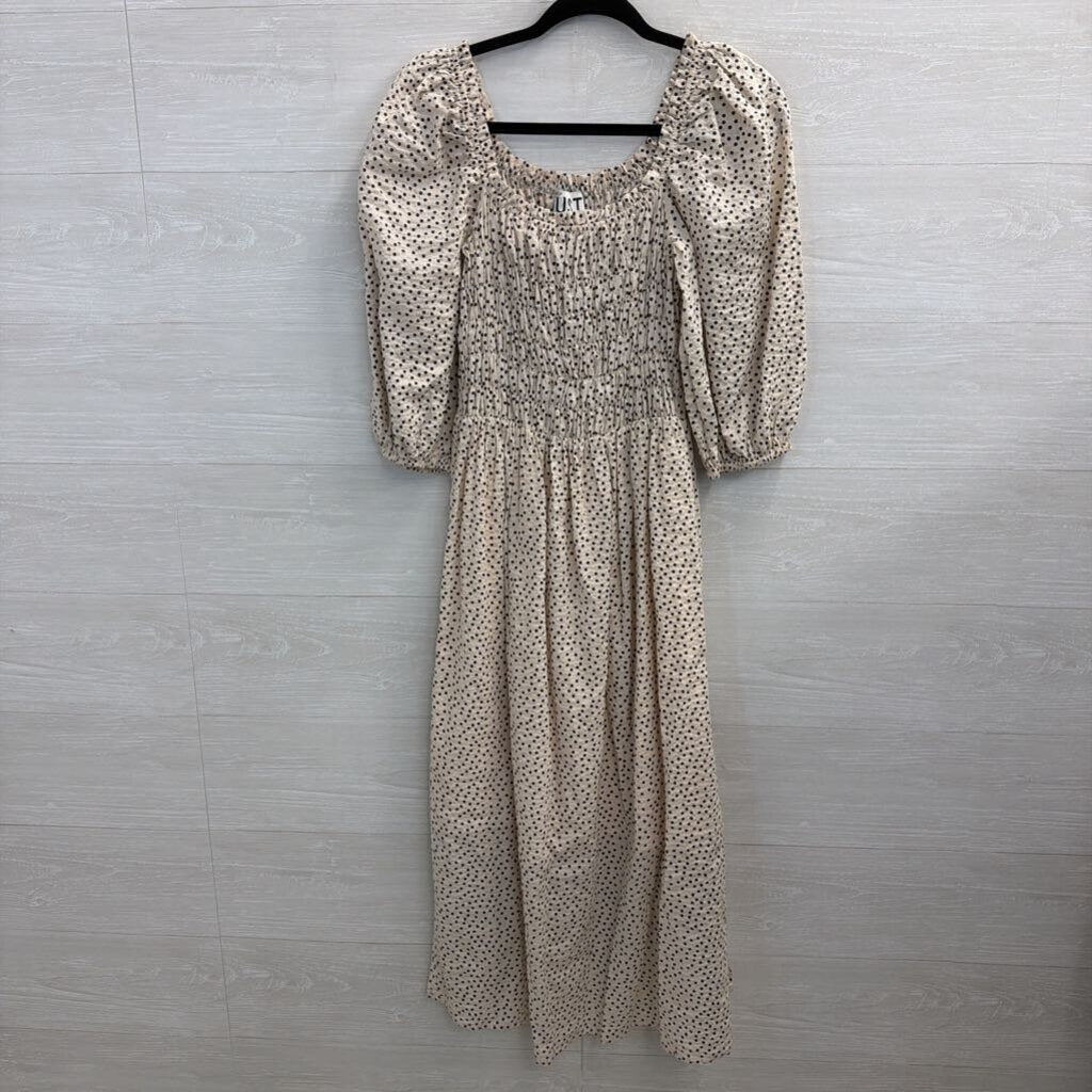 Just Female Cream/ Black Dot Print Short Puff Sleeve Maxi Dress Medium