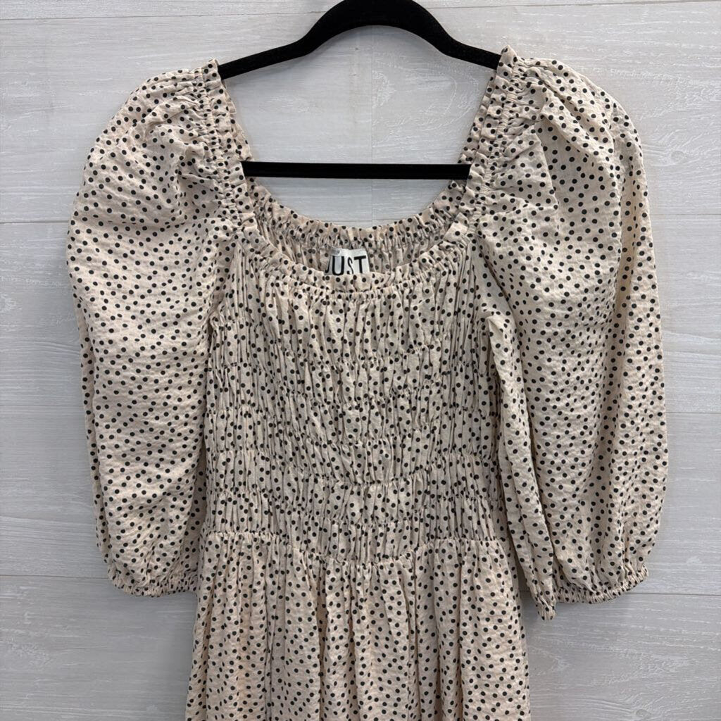 Just Female Cream/ Black Dot Print Short Puff Sleeve Maxi Dress Medium