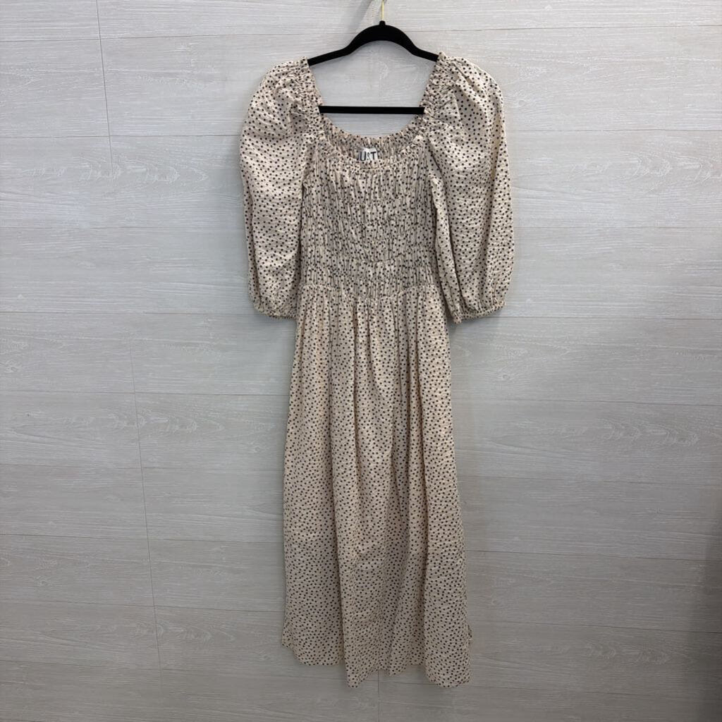Just Female Cream/ Black Dot Print Short Puff Sleeve Maxi Dress Medium