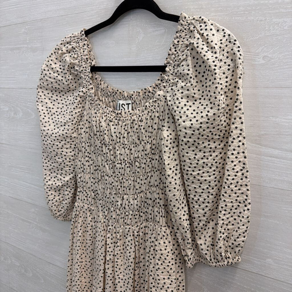 Just Female Cream/ Black Dot Print Short Puff Sleeve Maxi Dress Medium