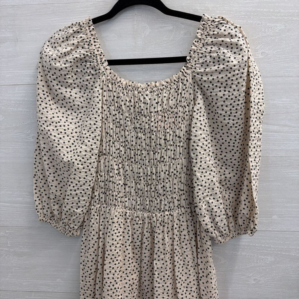 Just Female Cream/ Black Dot Print Short Puff Sleeve Maxi Dress Medium