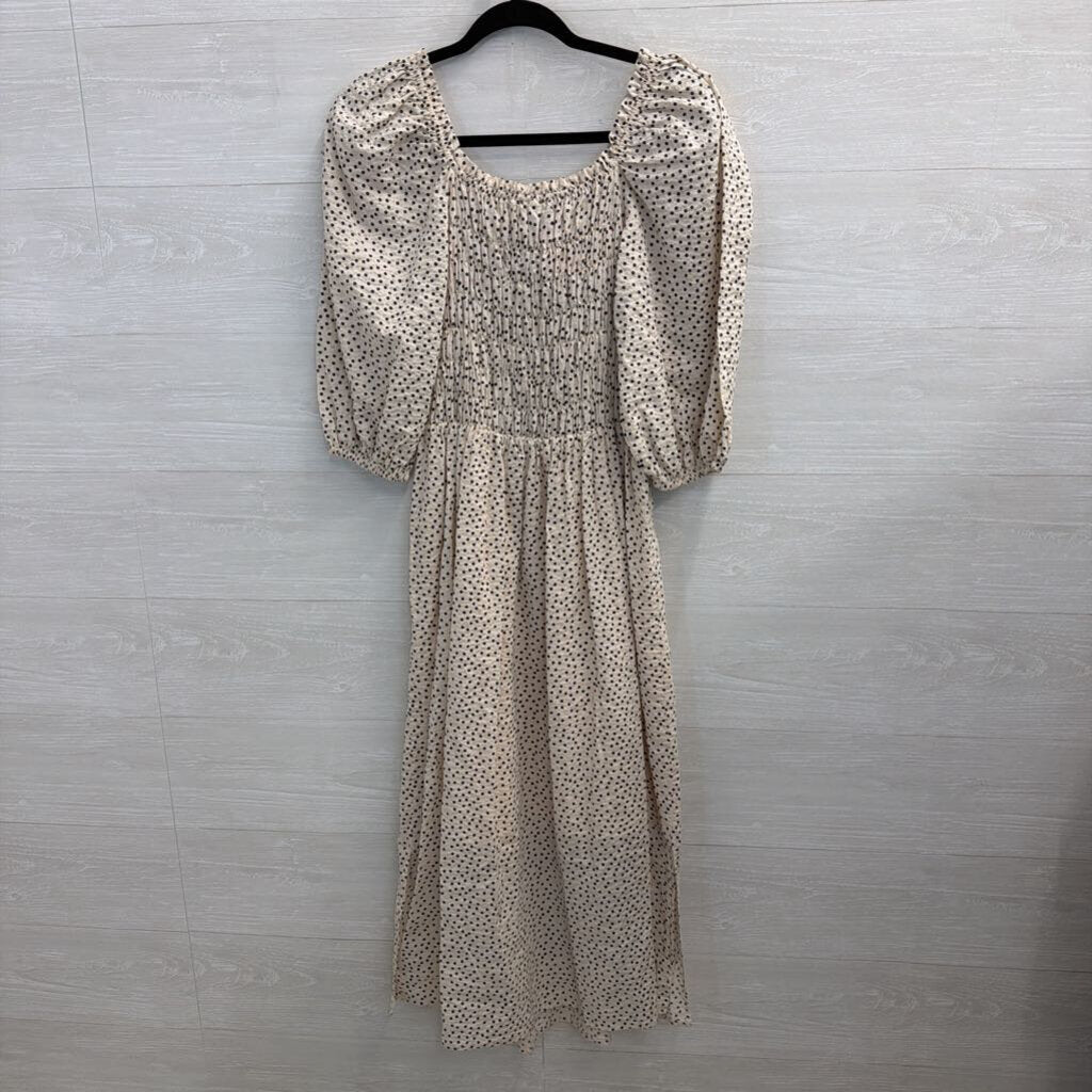 Just Female Cream/ Black Dot Print Short Puff Sleeve Maxi Dress Medium
