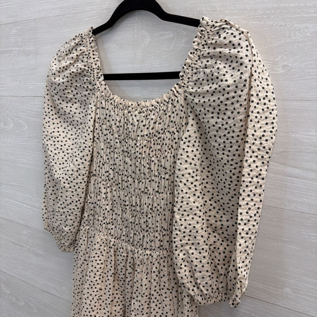 Just Female Cream/ Black Dot Print Short Puff Sleeve Maxi Dress Medium