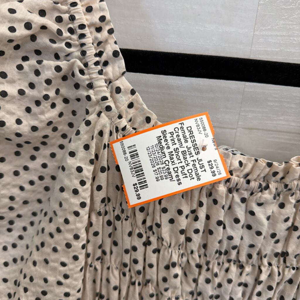 Just Female Cream/ Black Dot Print Short Puff Sleeve Maxi Dress Medium
