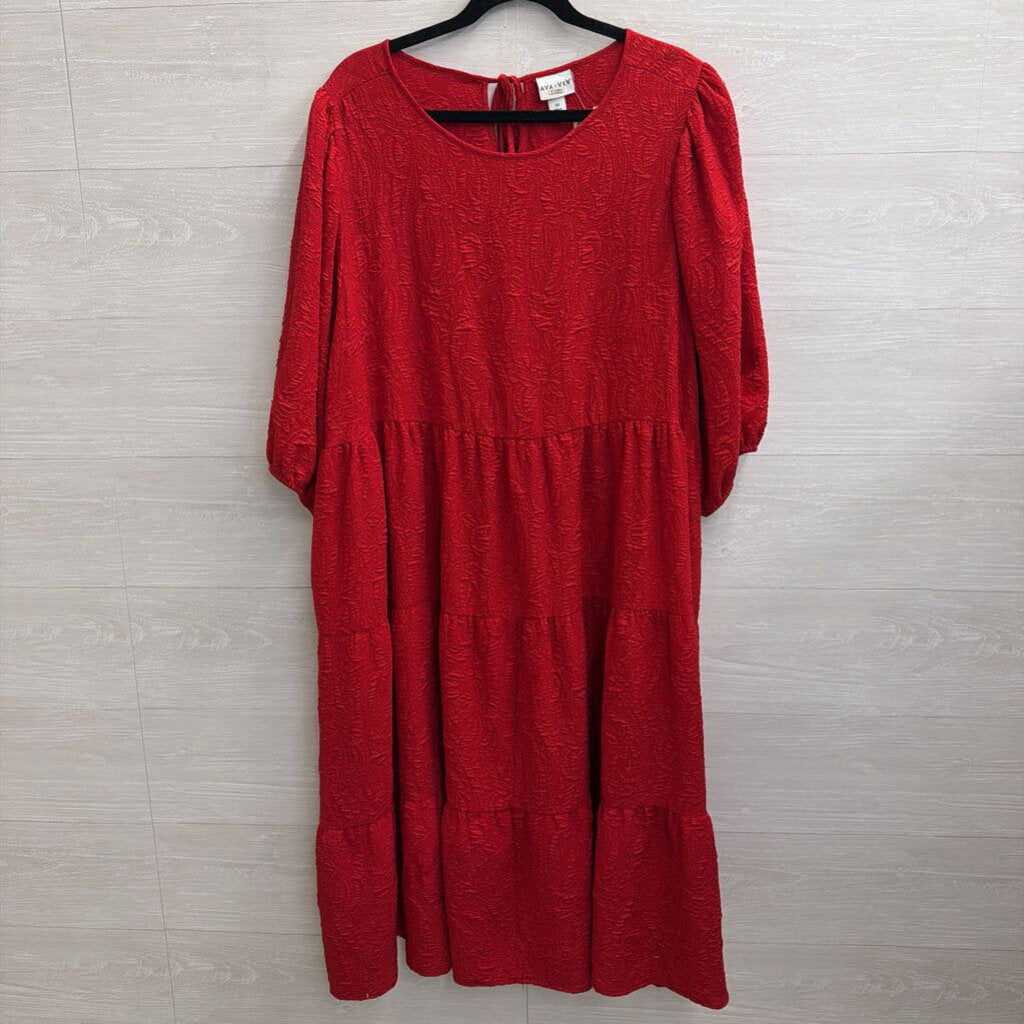 Ava and Viv Red Textured Print Puff Sleeve Midi Dress 2X