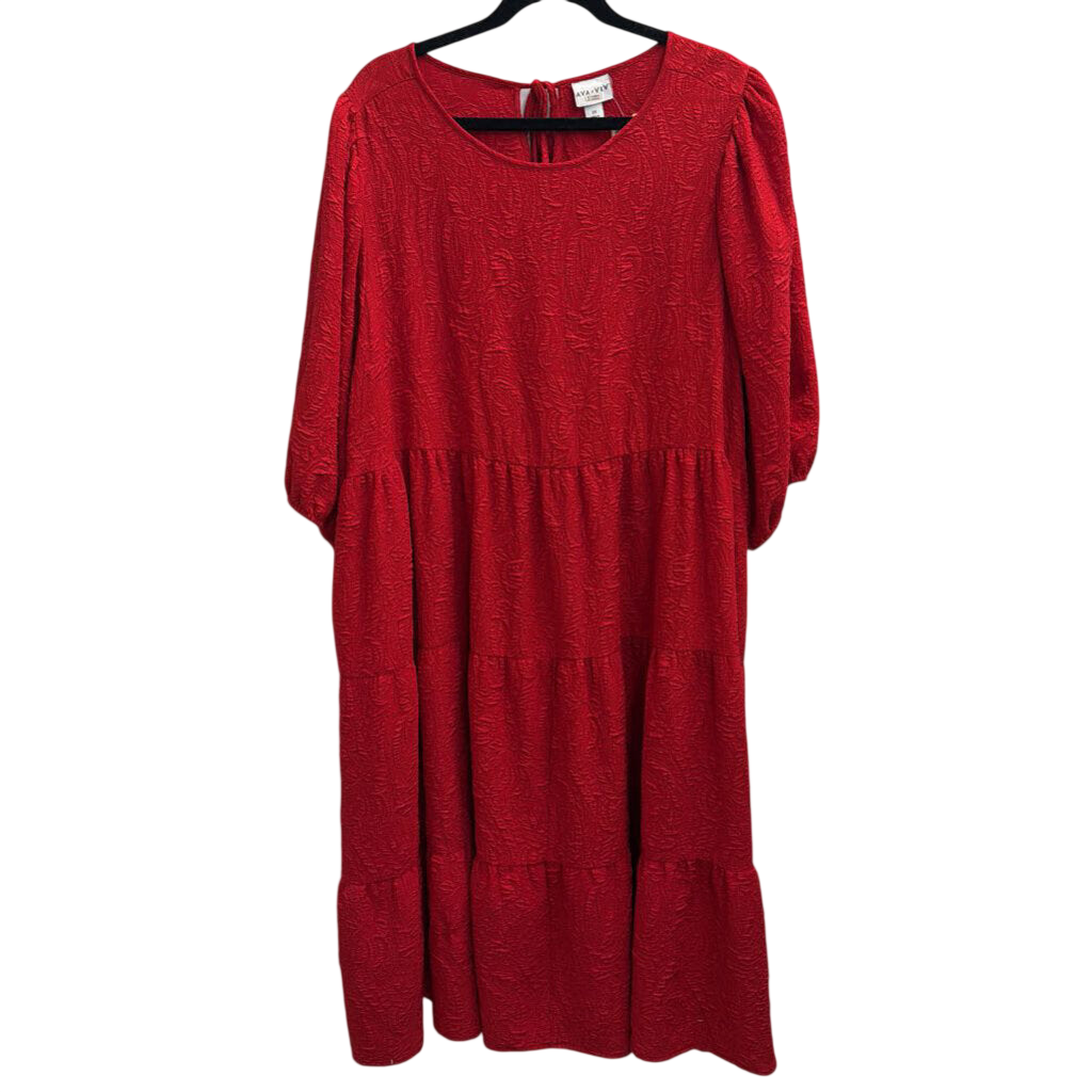 Ava and Viv Red Textured Print Puff Sleeve Midi Dress 2X