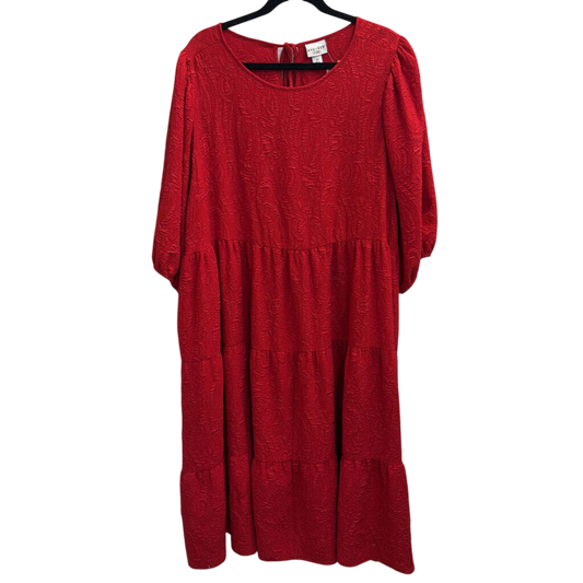 Ava and Viv Red Textured Print Puff Sleeve Midi Dress 2X