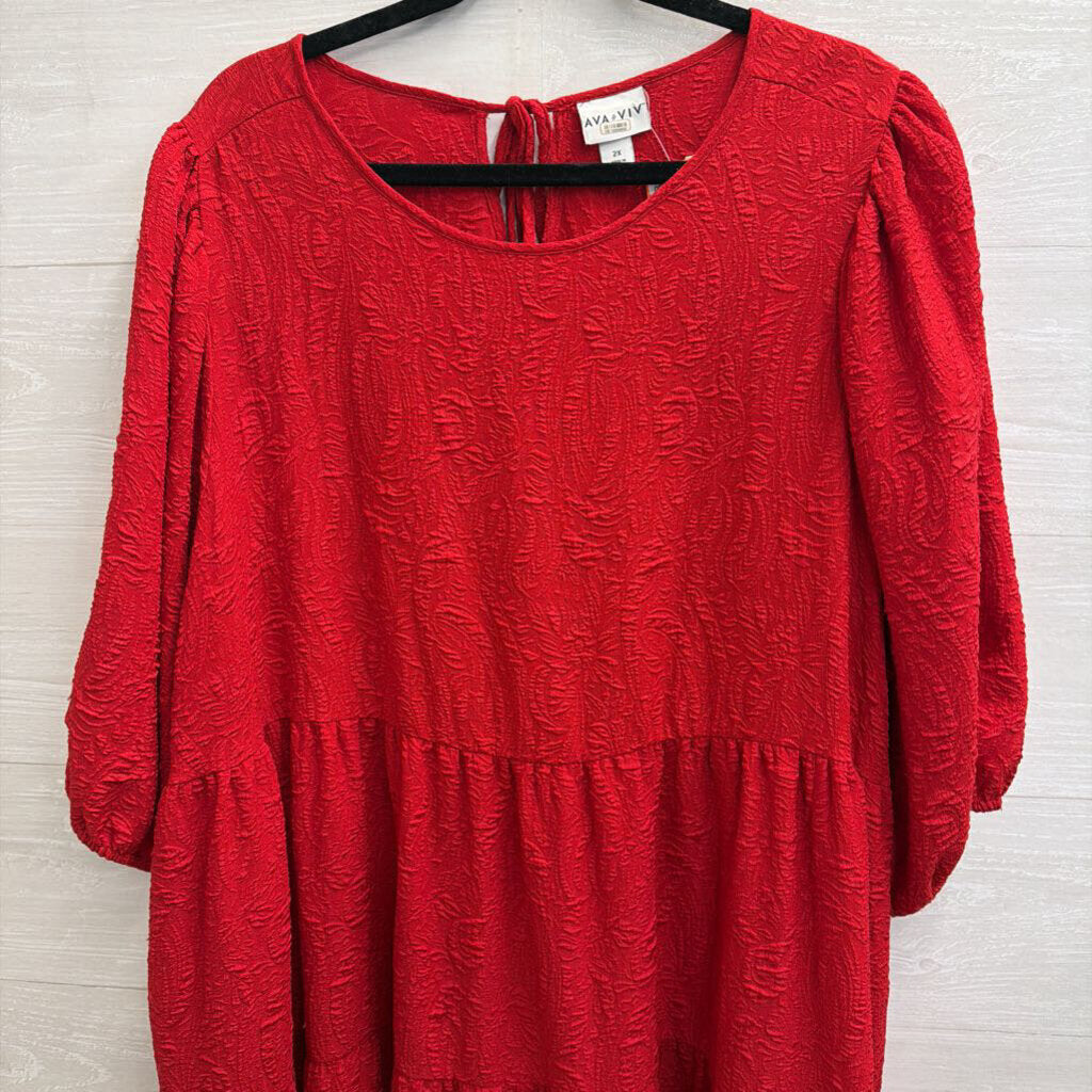 Ava and Viv Red Textured Print Puff Sleeve Midi Dress 2X