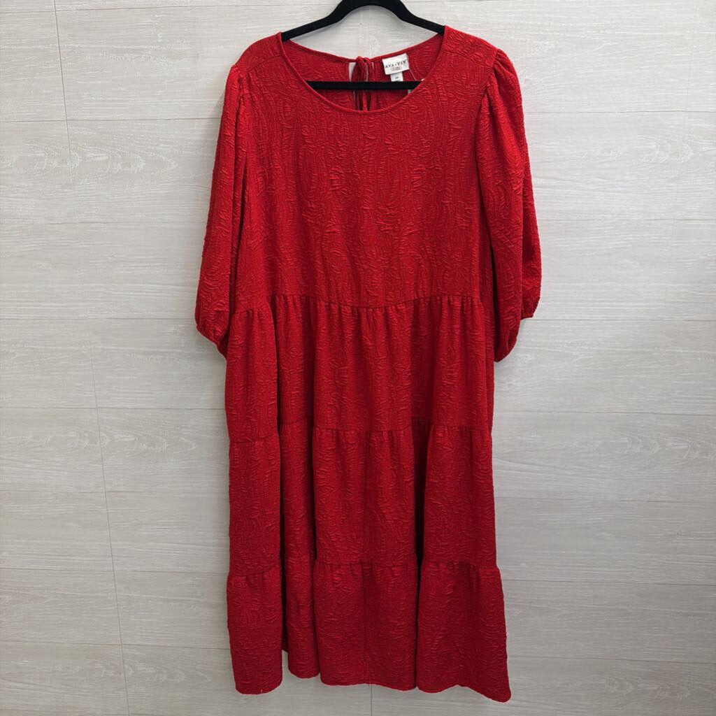 Ava and Viv Red Textured Print Puff Sleeve Midi Dress 2X