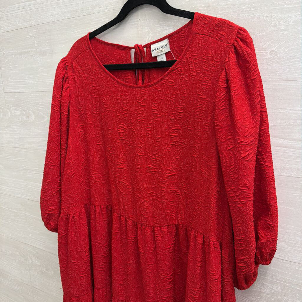 Ava and Viv Red Textured Print Puff Sleeve Midi Dress 2X